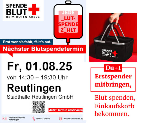 Am Freitag, 1. August 2025, findet in der Stadthalle Reutlingen wieder eine Blutspendeaktion des ...